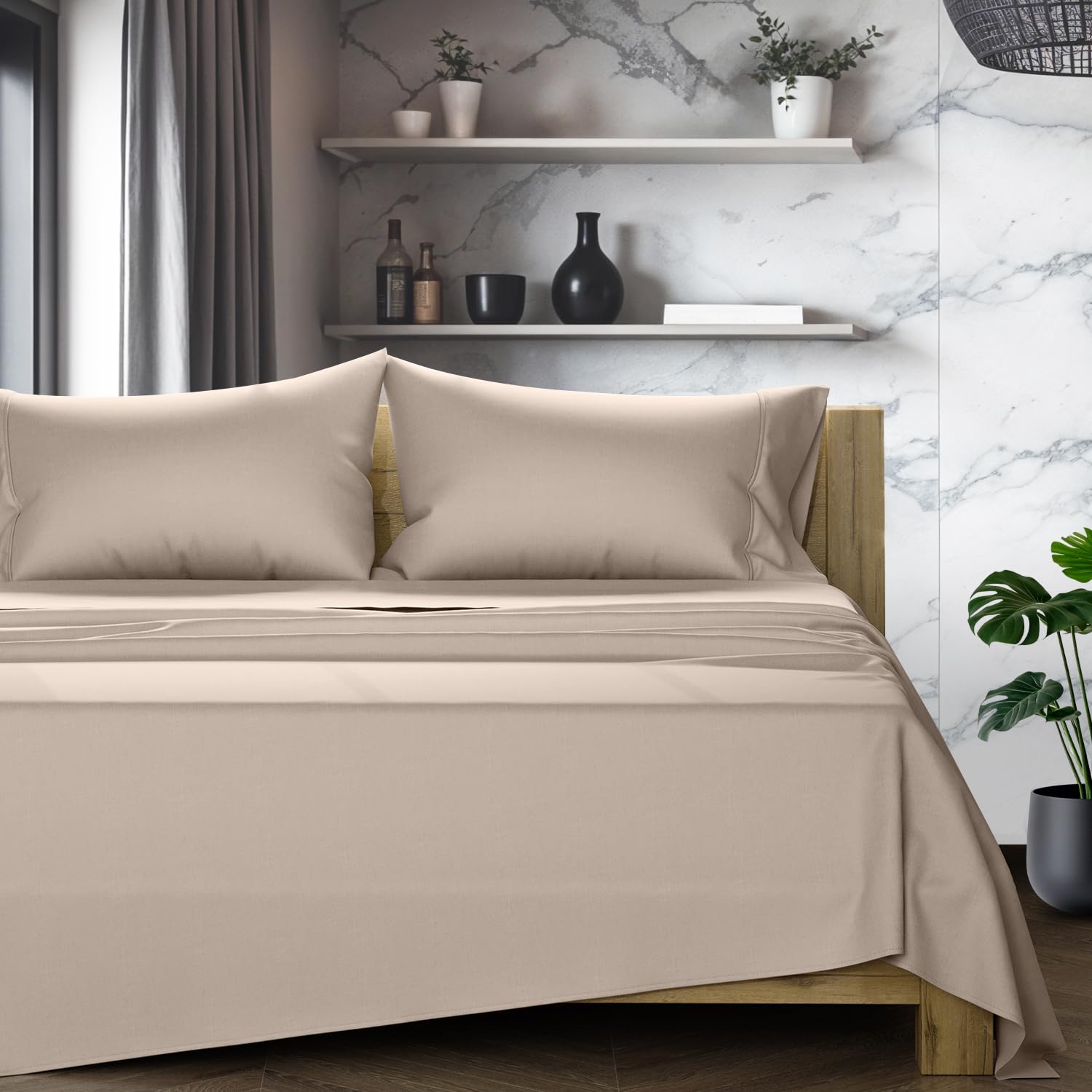 Photo 1 of TEXAS LINEN CO. 100% Egyptian Cotton Sheets King Size Set - 1200 Series Egyptian Cotton Luxury Sheets King Size (4 PC, Taupe), 17" Deep Pocket, Soft, Cooling Sateen Weave Hotel Quality Bedding Set