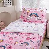 lishjekee 4 Pieces Rainbow Strawberry Comforter Twin Zipper Bedding Girls Rainbow Bedding Set Zip Up Bed in A Bag for Kids Kawaii Pink Flower Bed Sets with Fitted Sheet Pillowcases