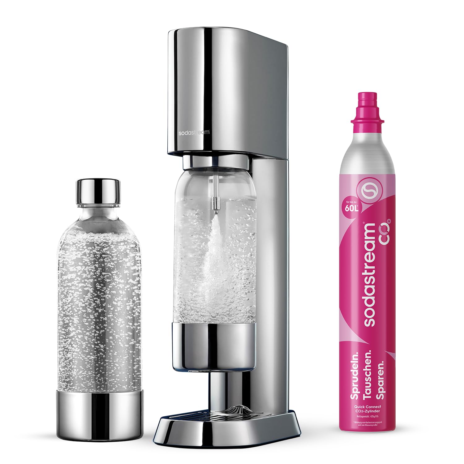 Sodastream ENSO Wassersprudler, Edelstahl Wassersprudler mit Quick Connect CO2-System, inkl. 1 CO2-Zylinder für bis zu 60L Sprudelwasser und 1 ENSO Sprudlerflasche, Sprudelwasser Maschine, Silber