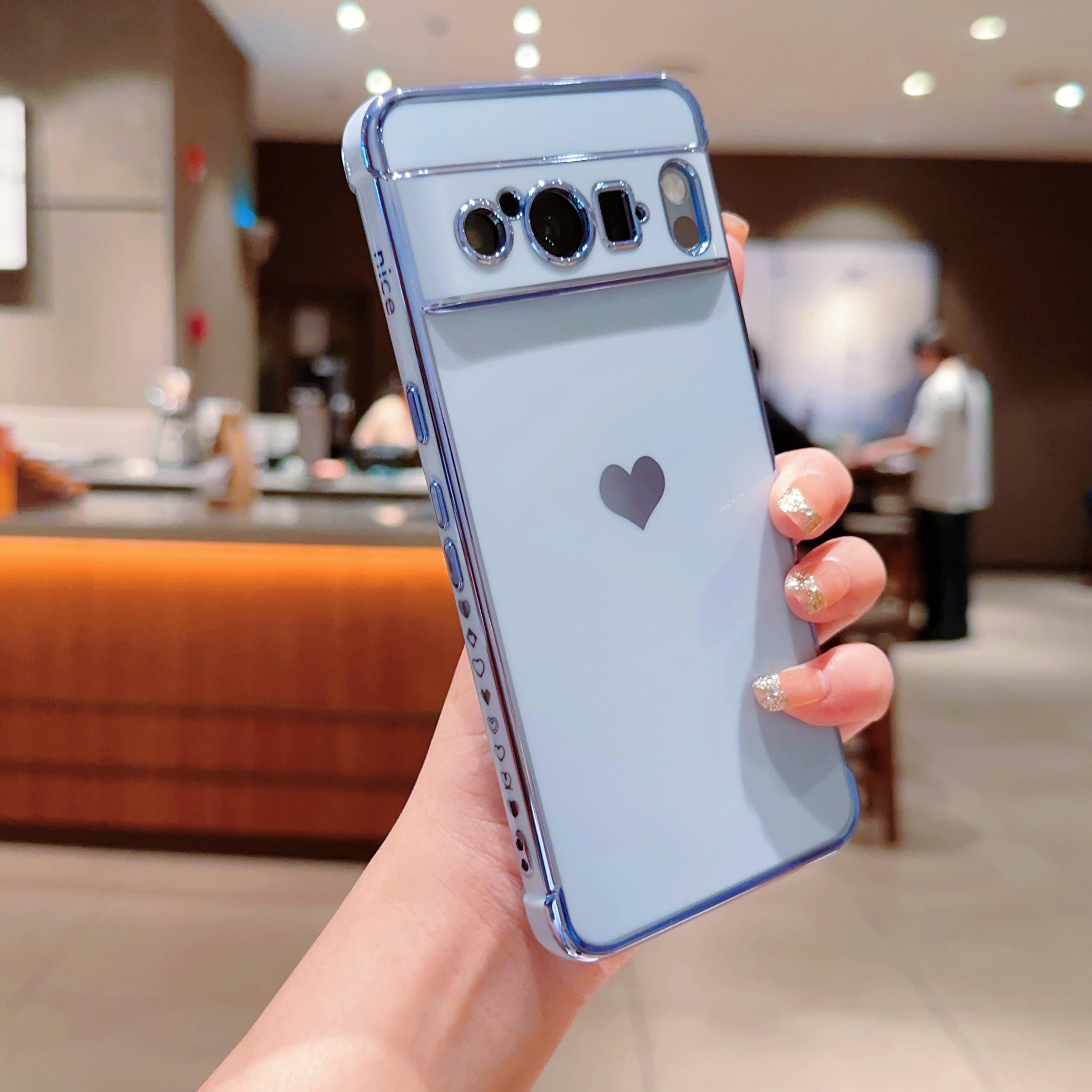LSOUGUK Compatible with Google Pixel 8 Pro (6.7") Case,Love Heart Pattern Electroplated Design Soft TPU Shockproof Protective Phone Case Full Camera Lens Protection Cover for Google Pixel 8 Pro-Blue