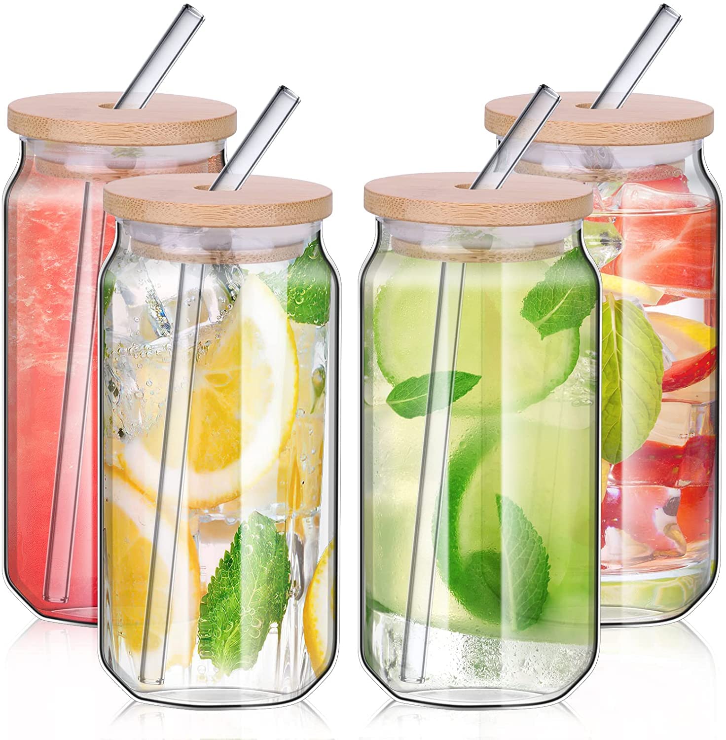 480ml Can Shaped Glass Cups Set, Drinking Glasses with Bamboo Lids and Glass Straw, Beer Glasses, Iced Coffee Glasses, Clear Cute Tumbler Cup, Ideal for Cocktail, Coke, Soda(4pcs)