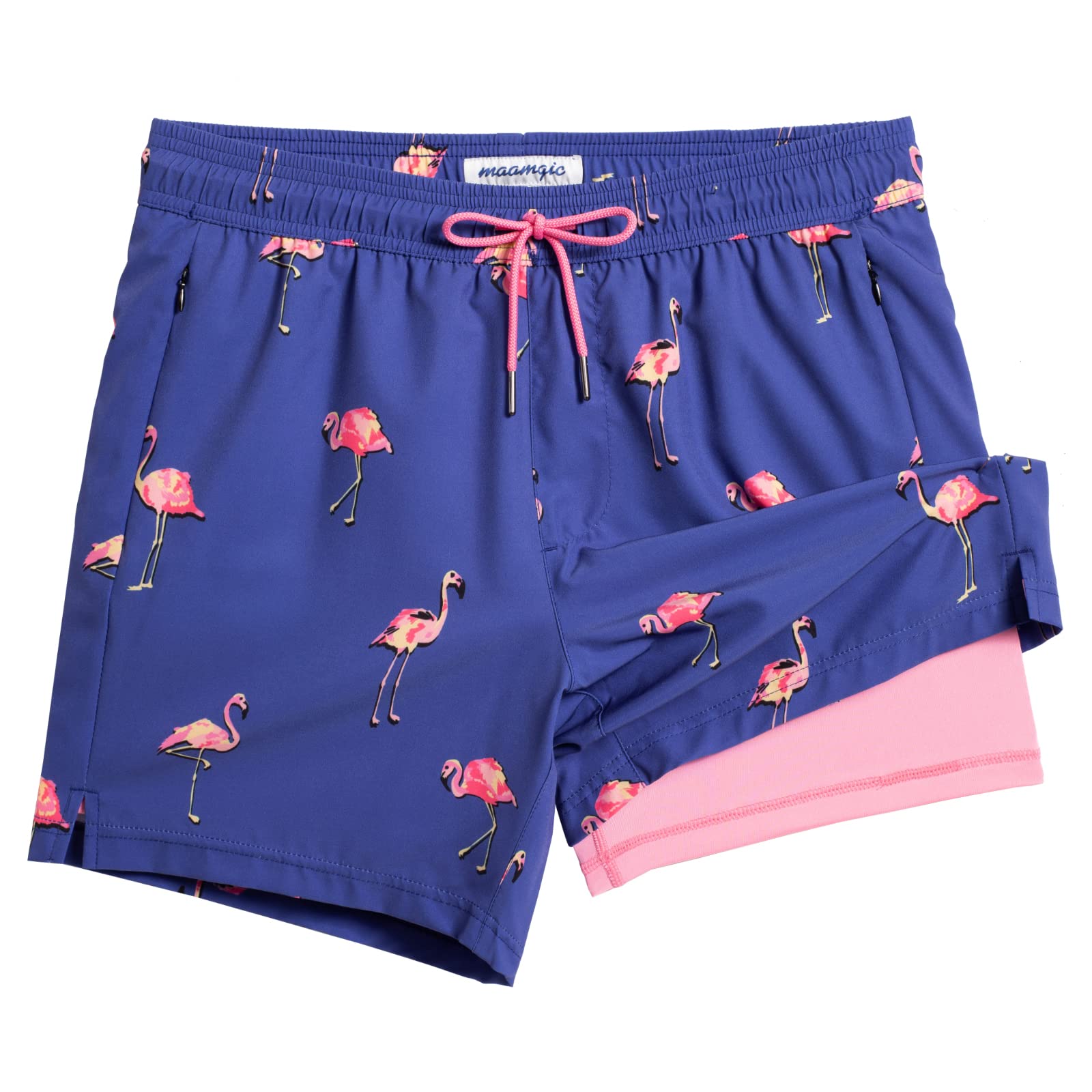 maamgic Mens Swim Trunks with Compression Liner 5" Stretch Athletic Swimming Shorts Quick Dry with Zipper Pockets No-Chafing Board Shorts Blue-Pink Flamingo X-Small Image