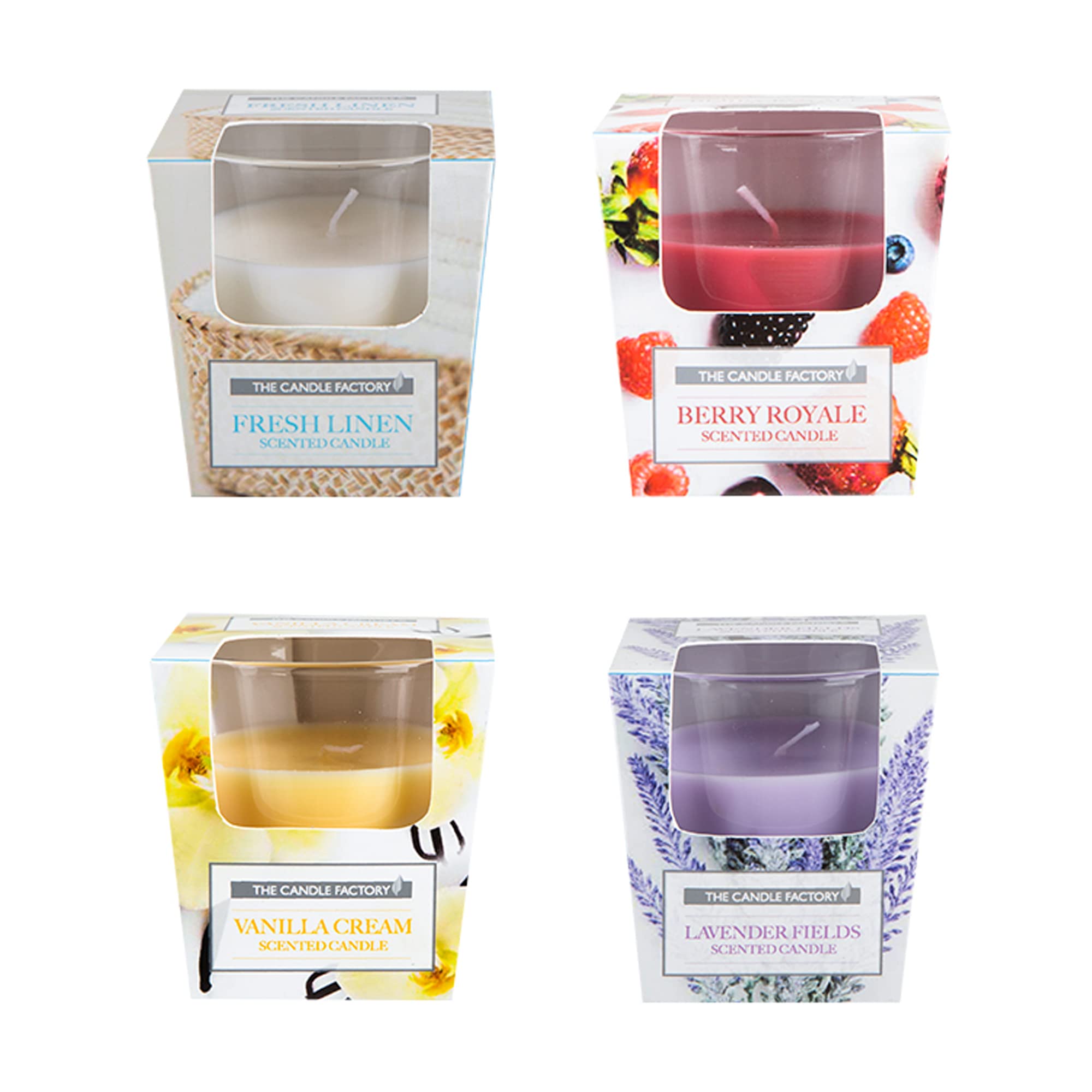 Immerse Creations (4-Pack) Assorted Scented Candle Set in Glass Cup Jar | Fresh Linen, Berry, Vanilla, Lavender, 3 Oz, (GLASS4)