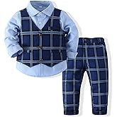 Boys’ Plaid Button Down Polyester Casual Dress Shirt Slim Fit +Vest+Pant Outfits