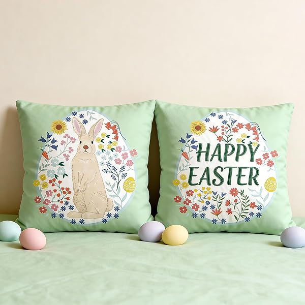 WDS WONDROUS EASTER PILLOW COVERS 18X18 INCH, SPRING THROW PILLOW COVERS SET OF 2, FARMHOUSE DECORATIVE LUMBAR PILLOWS CASE FOR COUCH, SOFA, LIVING ROOM, HAPPY EASTER HOME DECOR