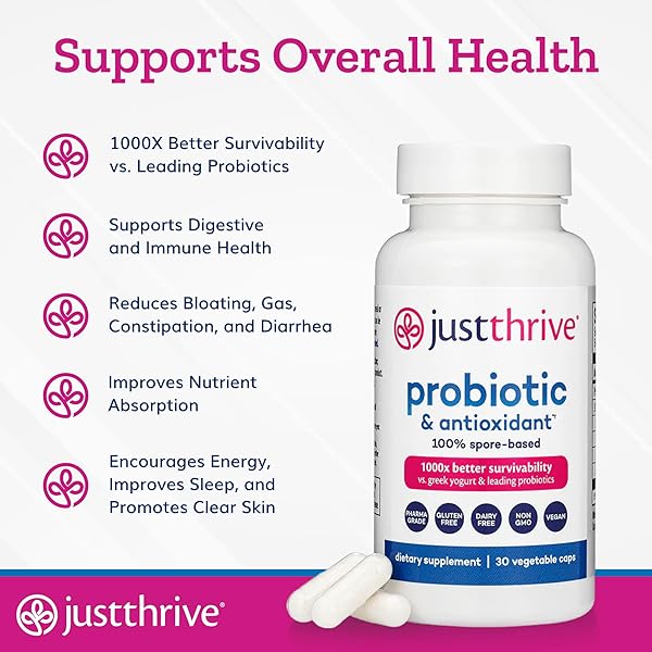 JUST THRIVE PROBIOTIC & ANTIOXIDANT SUPPLEMENT – 100% SPORE-BASED DIGESTIVE AND IMMUNE SUPPORT – GLUTEN FREE, 30 CAPS