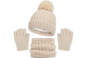 ENWOKRAN Kids Winter Beanie Hat Scarf and Touchscreen Gloves Set,Fleece Lining Beanie Hat Knit Gloves Neck Warmer for Children 2-8
