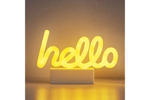 Merkury Innovations 8" inch LED Neon Yellow "Hello" Sign, Night Light, Mood Light with Pedestal,Battery Operated Wall Art,Bed