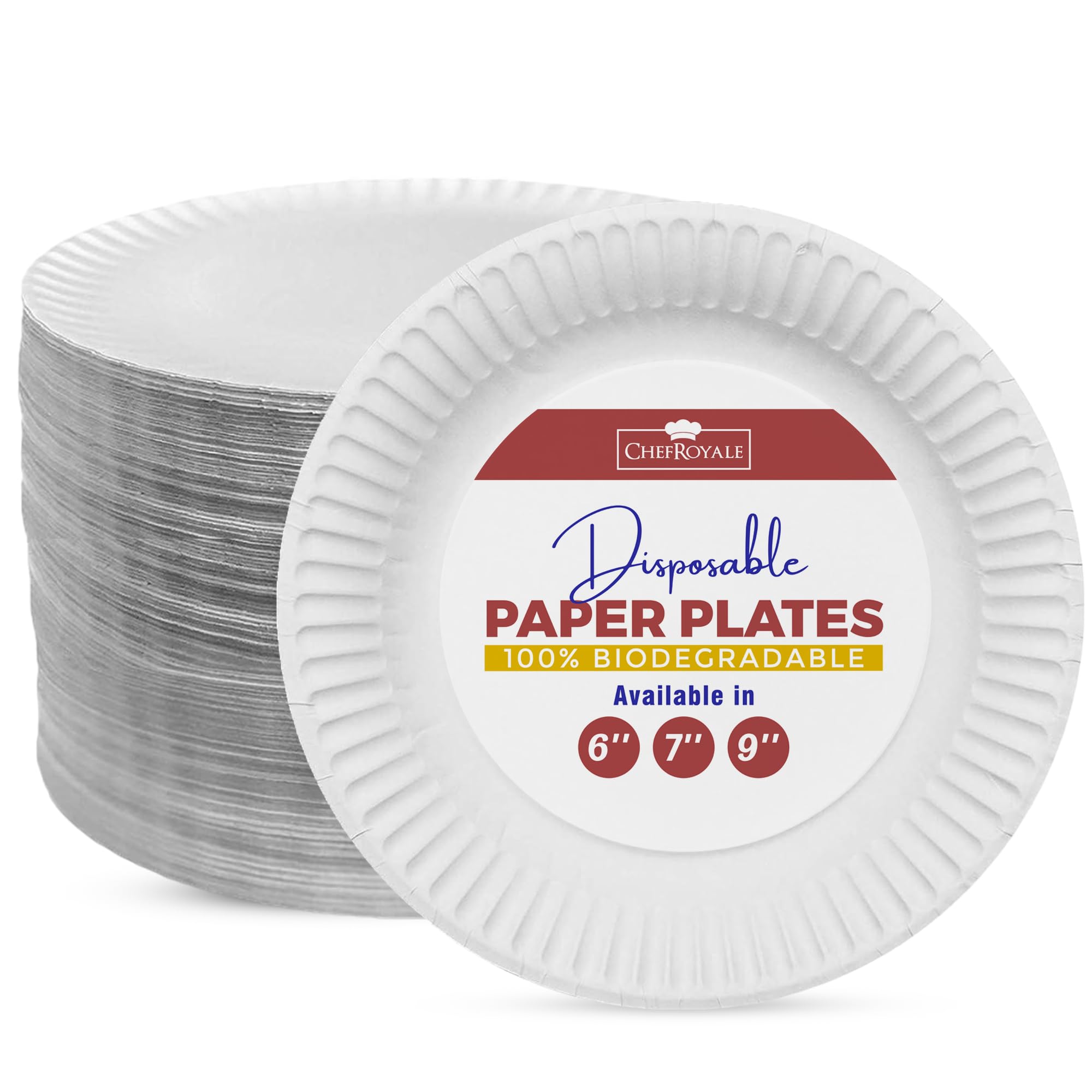 CHEF ROYALE 9-inch, (Pack of 100) Disposable Paper Plates for Parties Heavy Duty White Plates for Hot & Cold Foods - Eco-Friendly & Biodegradable Paper Plates (100, 9")