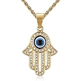 NEGS 18K Gold Black Plated Blue Evil Eye Beads Fatima Hamsa Hand Egyptian Pendant Stainless Steel Necklace for Men Women, 24 Inch Chain Religious Amulet Jewelry Gift