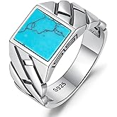 Yaresul 5ct 925 Sterling Silver Mens Teal Turquoise/Synthetic Black Onyx Rings Rectangle-Cut Handmade Mens Cuban Link Ring Anillos de Hombre for Birthday Jewelry Gift Band Width 4.8mm Size 8-12