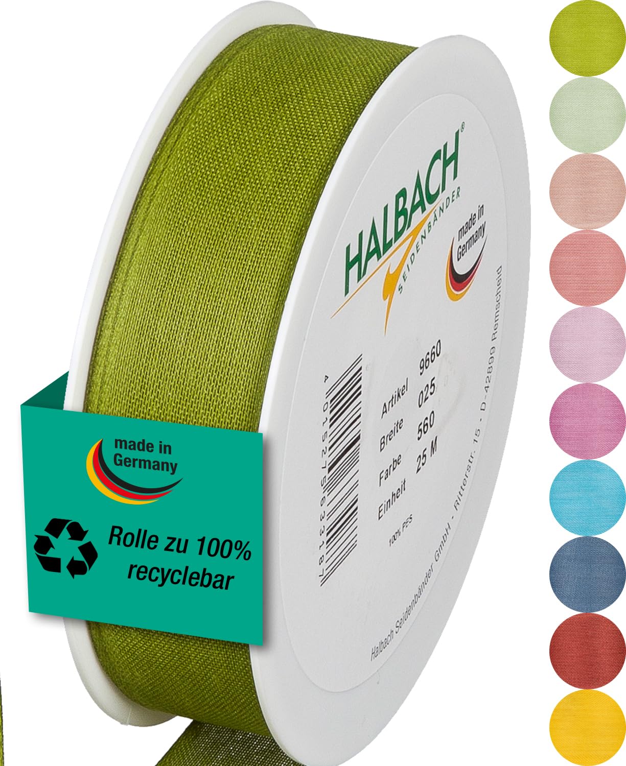 Halbach Seidenbänder Gift Ribbon Width 25 mm Length 25 m Ribbon Made in Germany Gift Ribbons in a Variety of Colours and Widths Perfect for Packaging and Decorating, Colour: Green