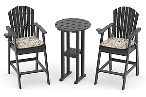 Sundale Outdoor 3 Pieces Adirondack Bar Set, Patio Counter Height Adirondack Tall Chairs Set of 2 and Table, High Top HDPE Stools and Pub Bistro Dining Furniture for 2, Black