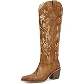 wetkiss Womens Cowboy Boots Knee High Cowgirl Boots with Pointed Toe Chunky Heel Retro Vintage Floral Embroidered Pull on Tall Western Boot