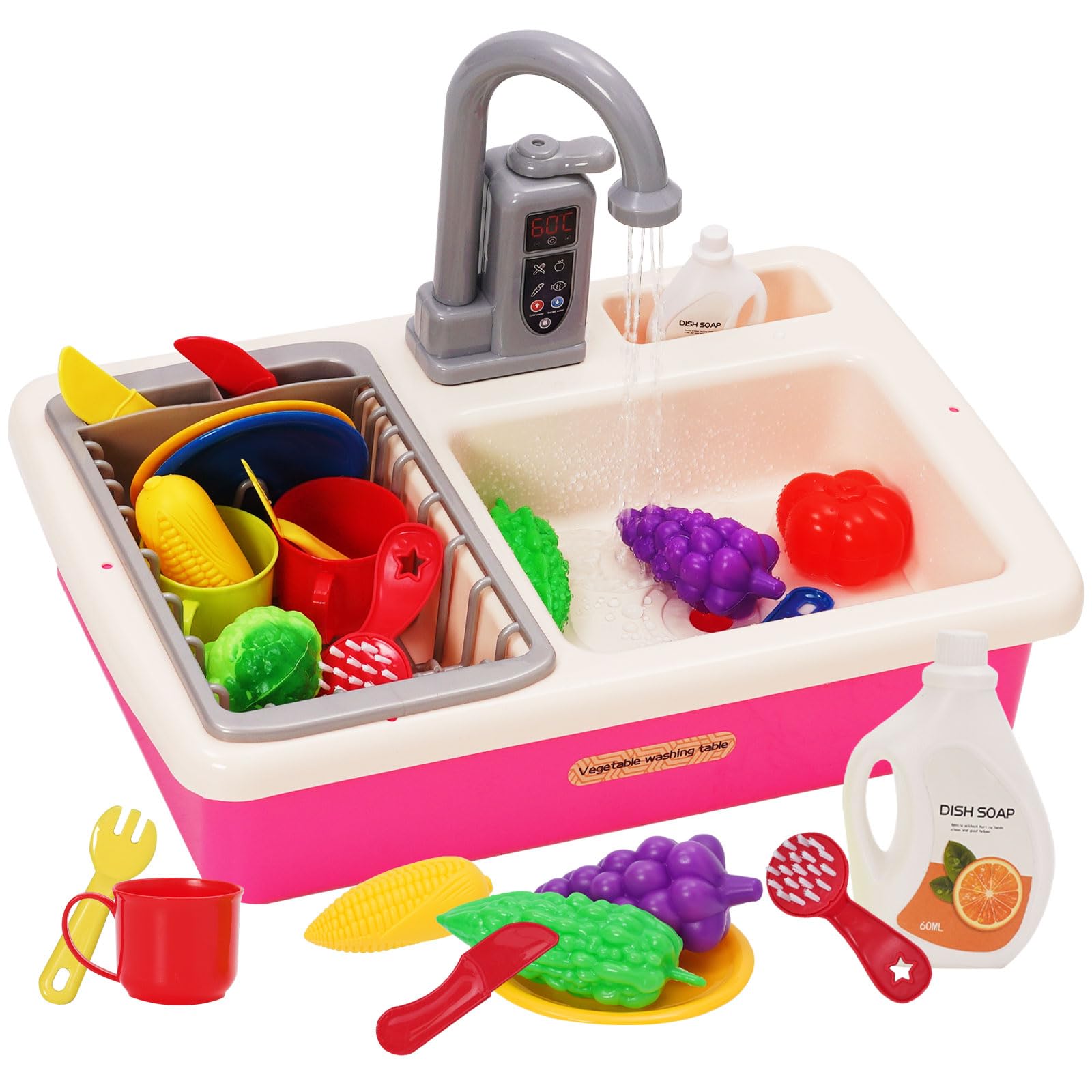 Kids Kitchen Play Sink Toy Set Pretend Role Plays Kitchen Toys Play Sinks with Running Water,PlayFood,Cutting Plays Dishwasher with Automatic Water Cycle System Pink — image 1