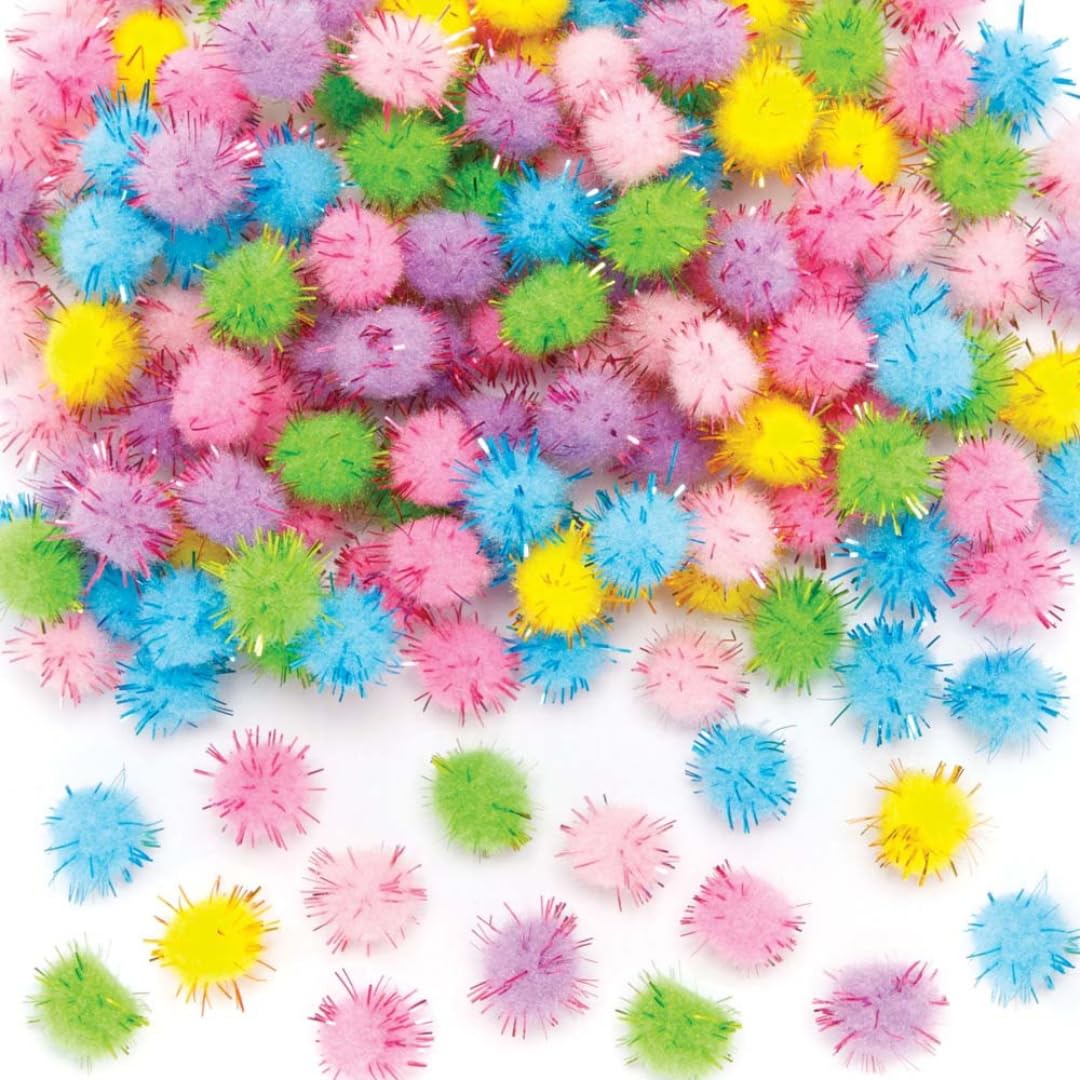 Baker Ross Pastel Self Adhesive Glitter Pom Poms - Pack of 150, Easter Crafts, Craft for Kids (AX699) Coloured Assorted Multi Colours