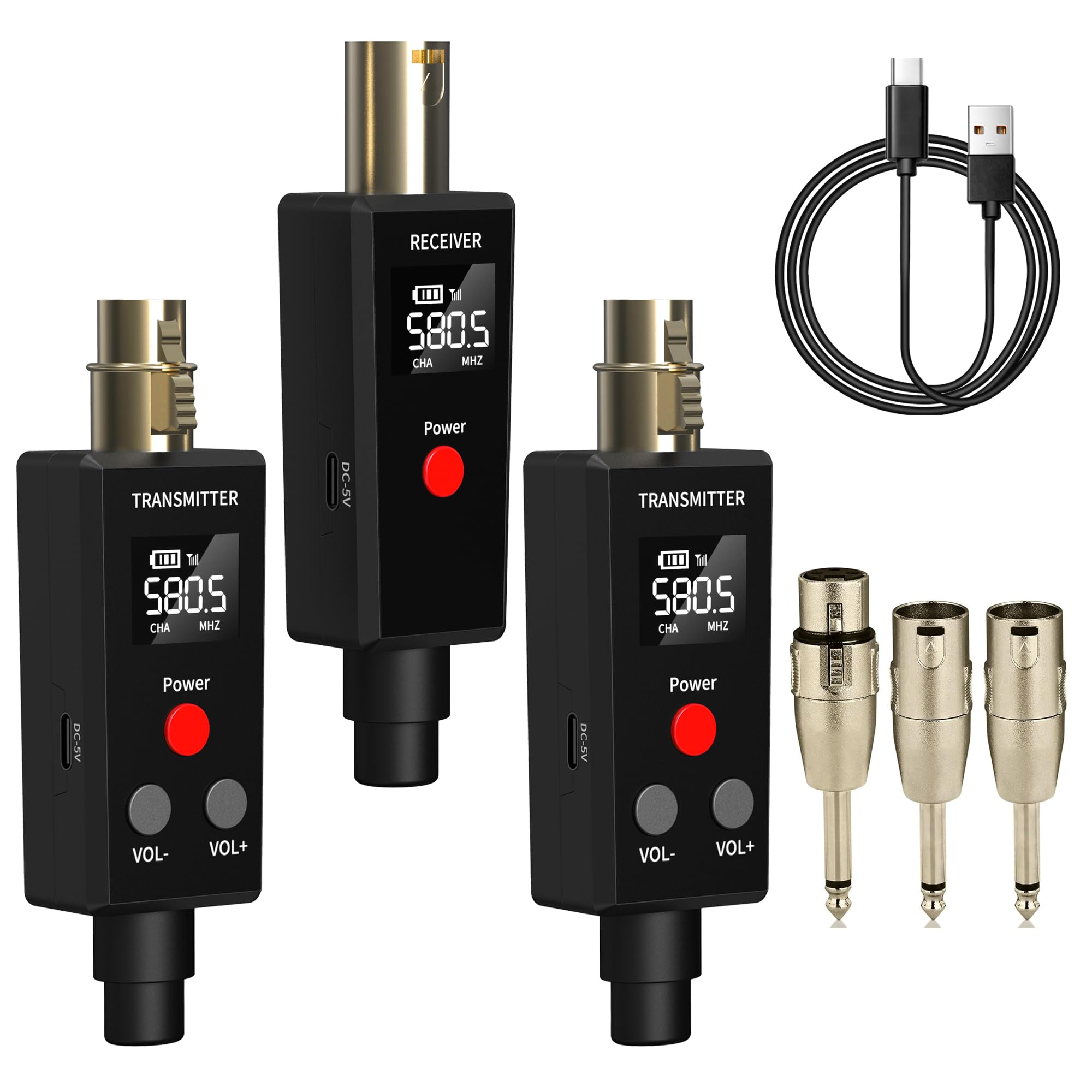 Elimavi Wireless Microphone System 2.4GHz Wireless Plug-In XLR Dual Transmitter and Receiver for Dynamic Mic, Mixers, PA Systems, 2 Transmitters to Connect Microphones for Simultaneous Transmission