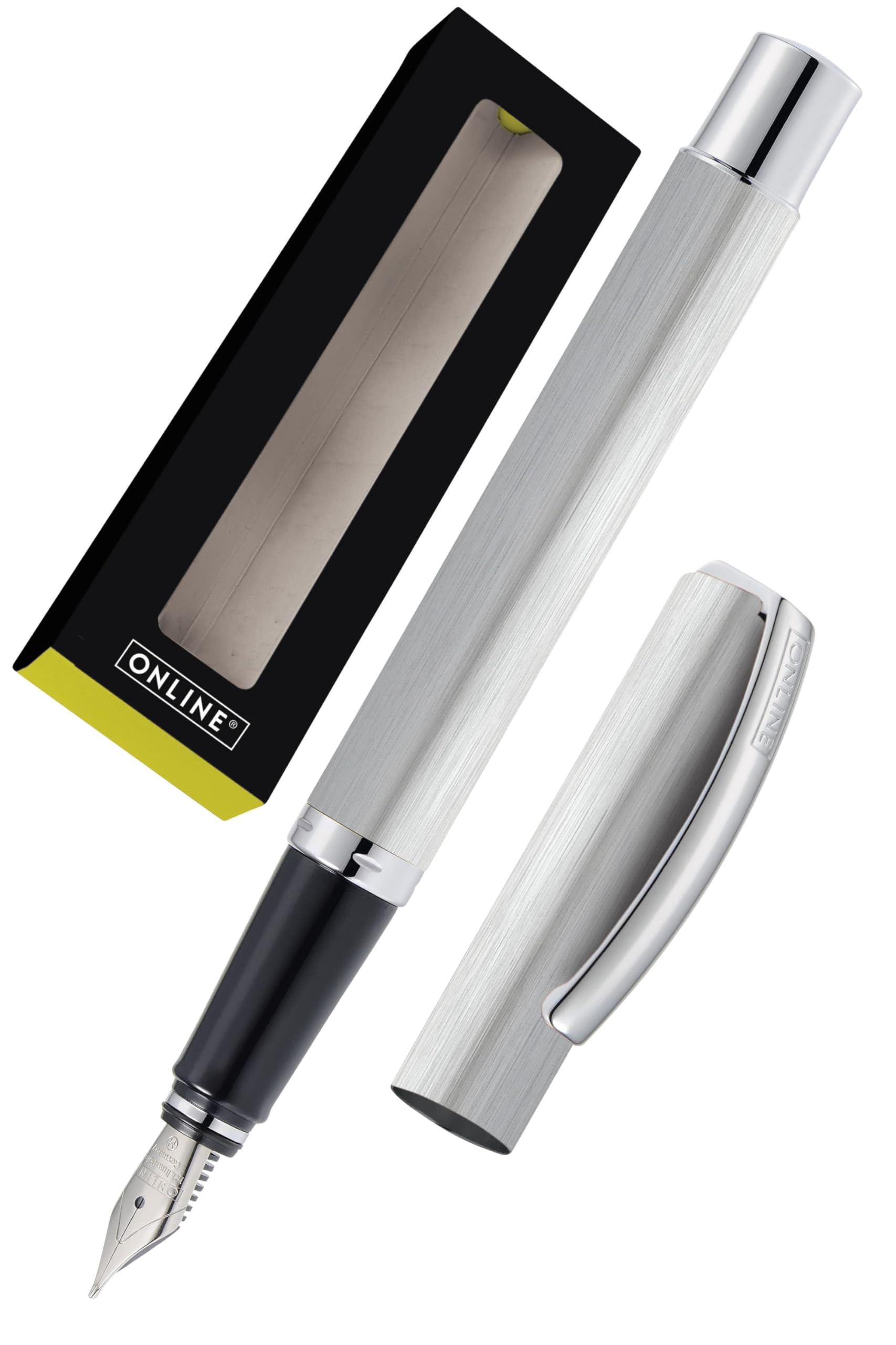 Fountain Pen Vision from Online | Pen with Clear Design | matt Brushed Aluminum | Iridium Nib M | Suitable for Standard Ink cartridges and converters | Gift Box - Classic Silver OL/38520-0