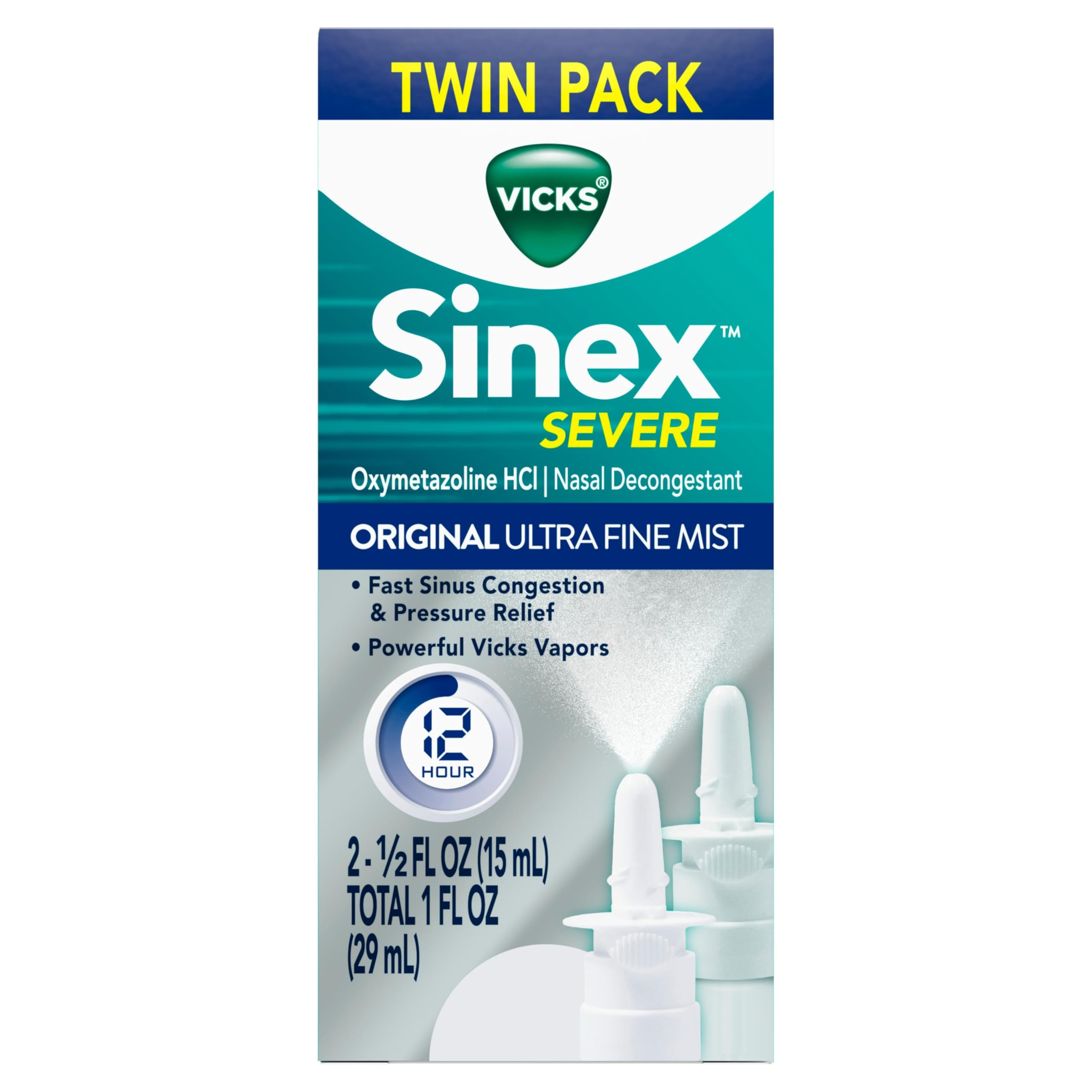 Vicks Sinex SEVERE Allergy & Sinus Nasal Spray, Original Ultra Fine Mist, Decongestant Medicine, Relief from Nasal Congestion due to Cold or Allergy, Sinus Pressure Relief, 265 Sprays x 2