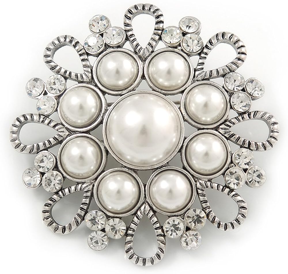Vintage Inspired Bridal/Wedding/Prom Glass Pearl, Clear Crystal Flower Brooch In Silver Tone - 50mm D, silver, white / ivory