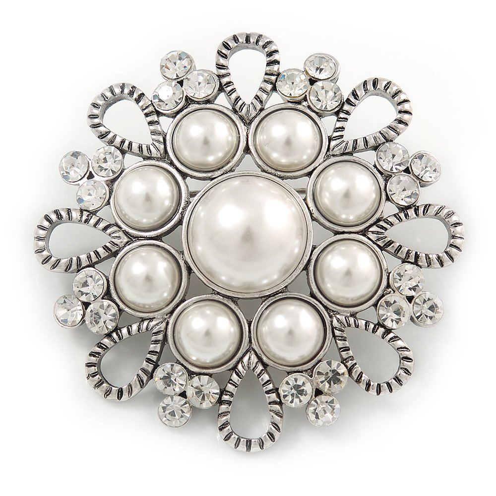 Vintage Inspired Bridal/Wedding/Prom Glass Pearl, Clear Crystal Flower Brooch In Silver Tone - 50mm D