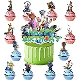 13Pcs Cute Animals Cake Decorations Set with 1pcs Happy Birthday Cake Topper, 12pcs Cupcake Toppers, Cartoon Movies Themed Party Supplies, Birthday Party Decorations Supplies