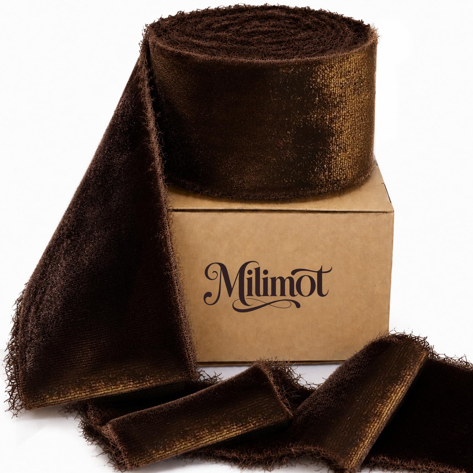 Milimot Brown Velvet Ribbon,Christmas Ribbon Gift Wrapping,1.5 in 3 Yards | Handmade Frayed Velvet Brown Ribbon,Dark Brown Ch