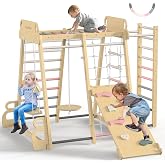 BlueWood Upgraded Indoor Jungle Gym 9-in-1 Playground Kids Climbing Toys | Waldorf Style Wooden Climber Playset with Slide, Swing, Monkey Bars, Upright/Rope Ladder, Climb Net, Pink