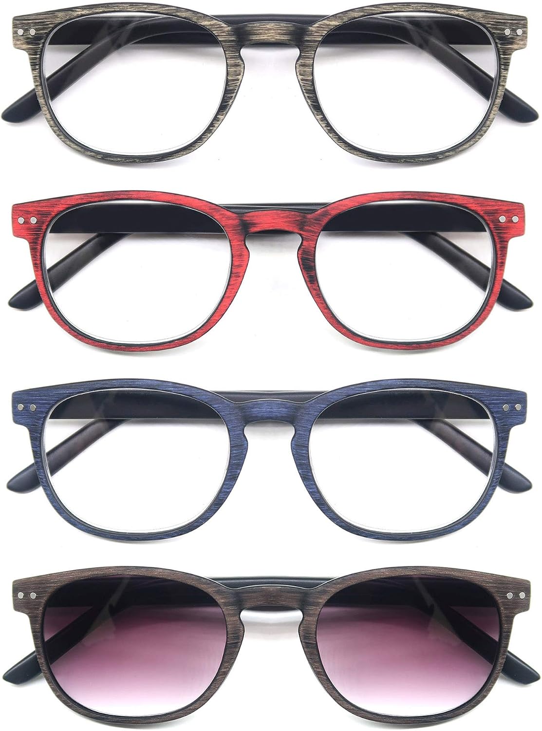 HEEYYOK 4 Pack Reading Glasses Mens Womens Unisex Retro Round Wood-Design Glasses for Reading Comfortable Lightweight Quality with Spring Hinge - Image 3