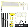 Patiassy 32ft, 26ft and 20ft Width and Height Adjustable Volleyball and Badminton Combo Set with Net, 4 Badminton Rackets, 2 Goose Feather Shuttlecocks and Volleyball for Backyards