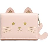 Sunwel Fashion Girls Cute 3D Cat Face Glitter Ears Wallet with Tail Tri-folded Wallet ID Card Case with Zipper Pocket (PINK, CAT)