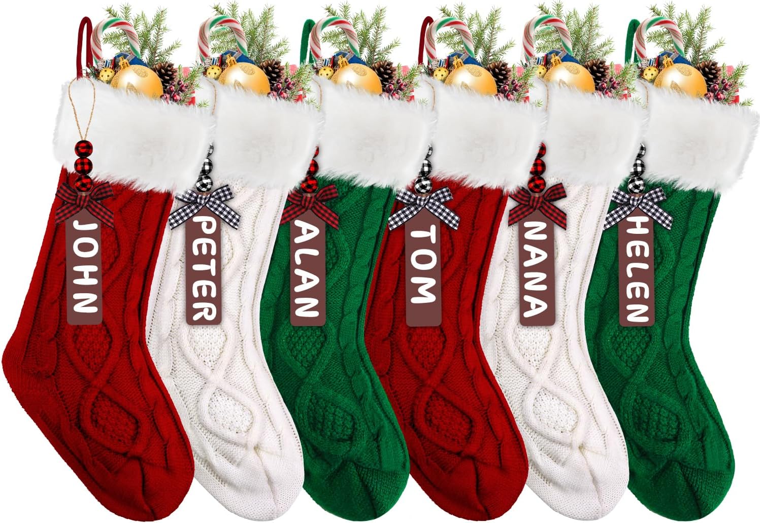 Stockings & Holders - XIMISHOP 6PACK Christmas Stockings,18Inches Large Cable Knitted Stocking Personalized Xmas Hanging Stocking Decorations with Name Tags for Holiday Christmas Party Family Decor(Green Red White
