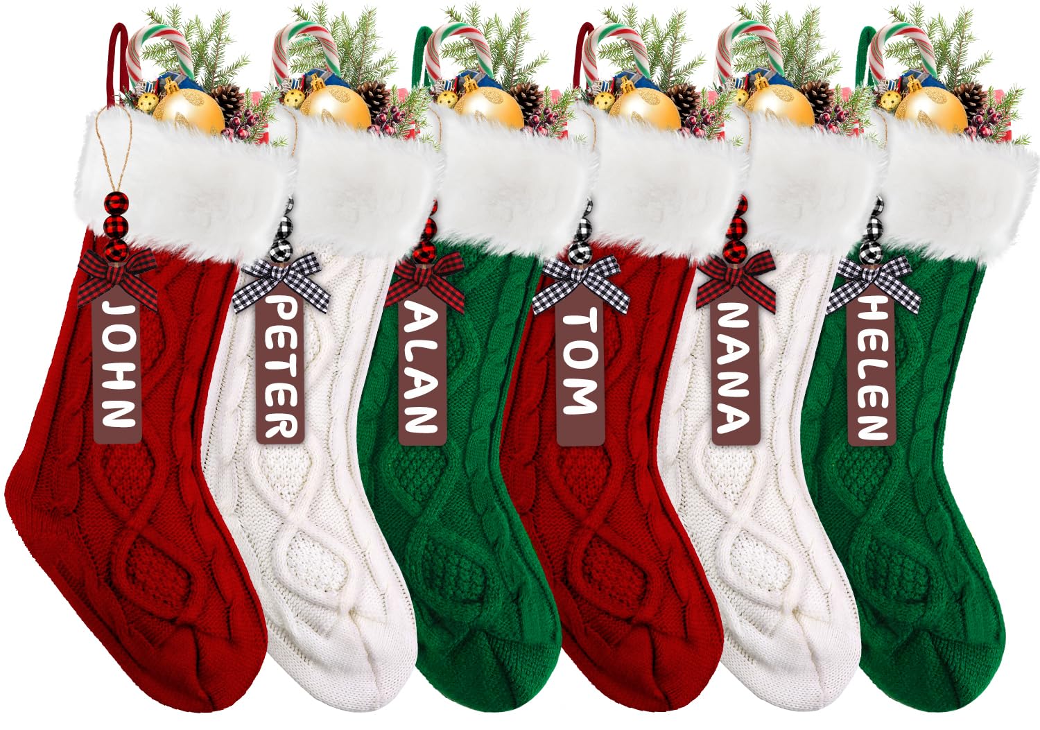 View 1 of ***(MISSING 2/ NOT A COMPLETE SET)***XIMISHOP 6PACK Christmas Stockings,18Inches Large Cable Knitted Stocking Personalized Xmas Hanging Stocking Decorations with Name Tags for Holiday Christmas Party Family Decor(Green Red White