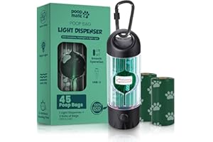 Poop Mate Dog Poop Bag Dispenser with LED Flashlight & 45 Bags (3 Rolls) – USB-C Rechargeable, Waterproof, Anti-Slip Clip, Hands-Free Dog Waste Bag Holder for Night Walks & Outdoor Adventures