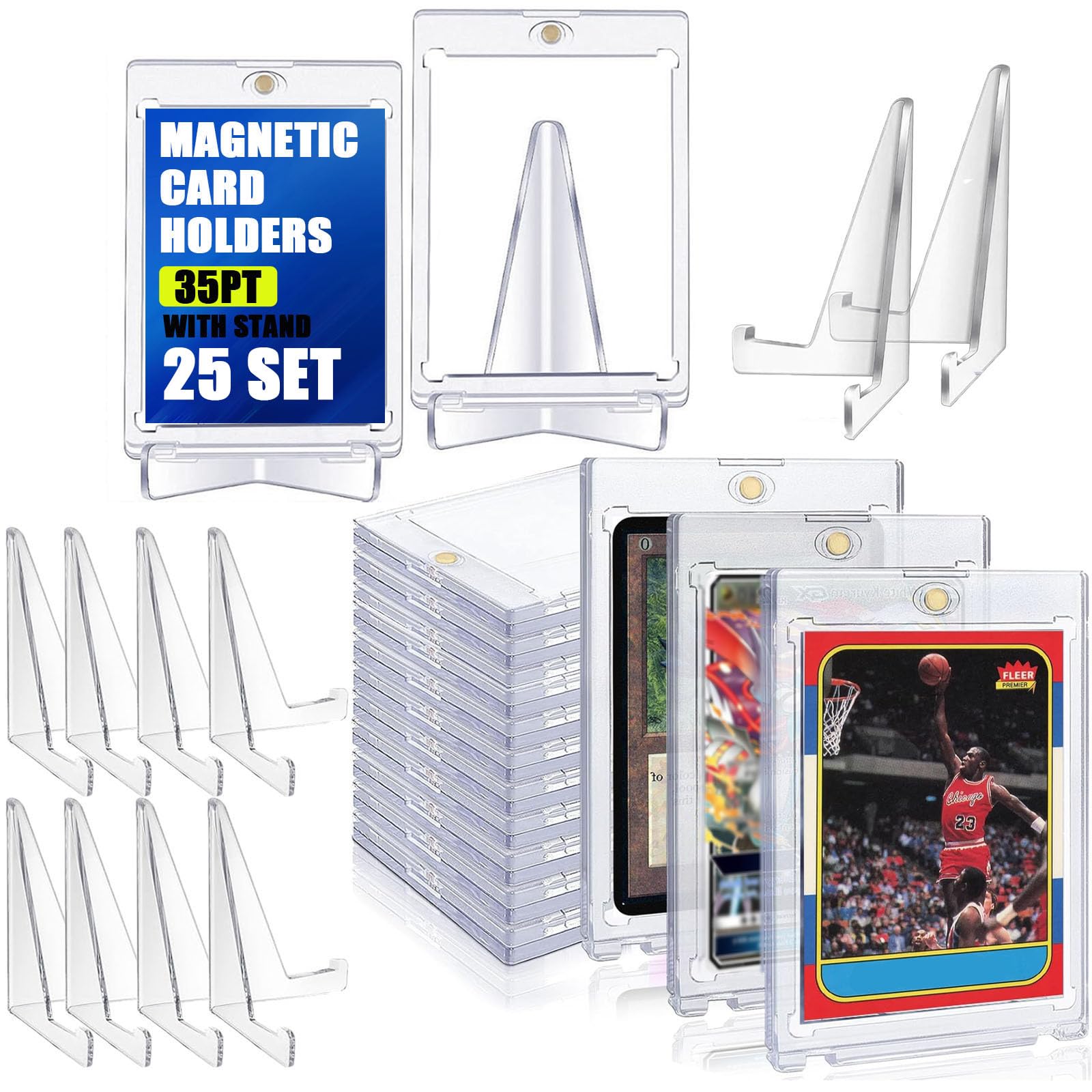 MUXHEL 25 Set 35PT Magnetic Card Holder Clear Magnetic Trading Card Holders with 25 Stands One Touch Transparent Trading Card Display for Game Sports Card Display and Storage