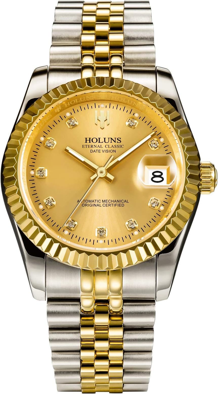 Mens Gold Plated Automatic Watch Japanese NH35A Movement with Date Display Diamond Watches