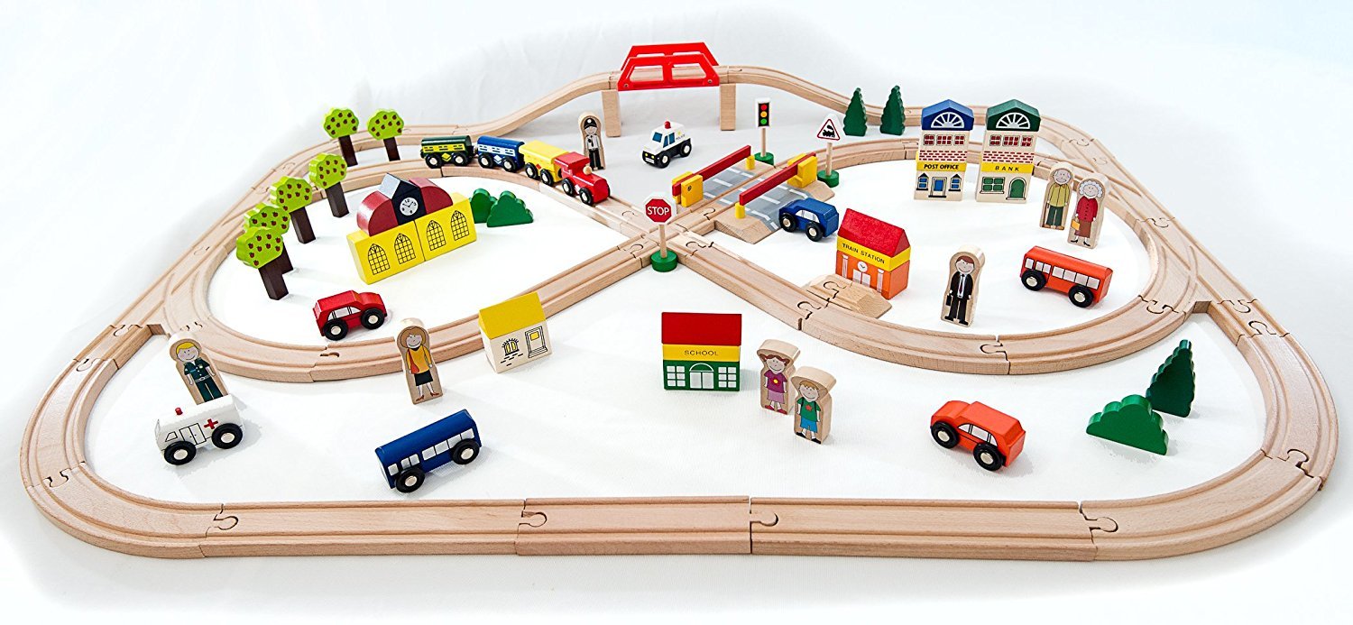 Traditional Wooden Train Set - over 100 pieces - Compatible with Brio and BigJigs Train Sets