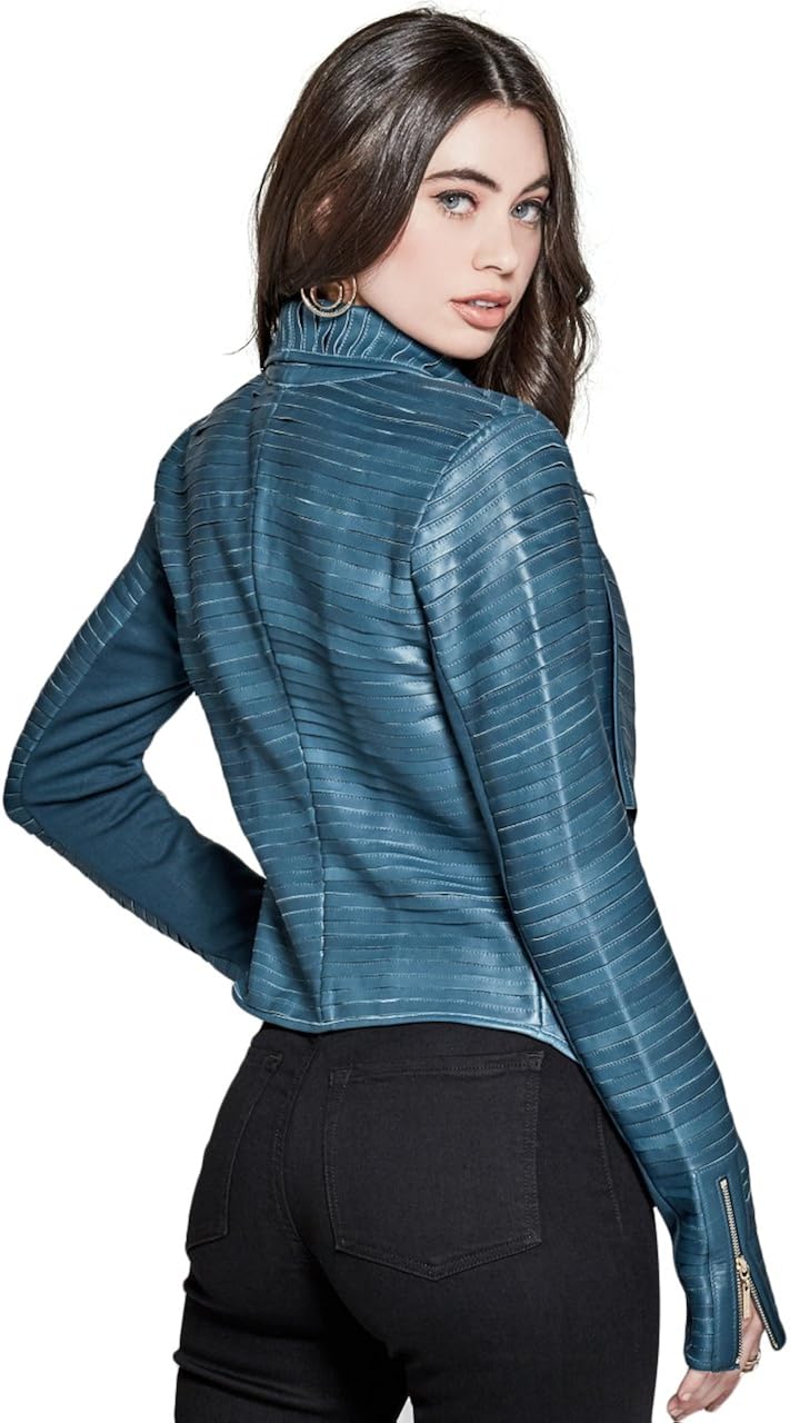 Guess By Marciano Women S Shayna Drape Leather Jacket Blue Amazon Co Uk Clothing