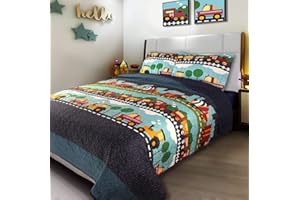 GOLDENLINENS Golden Linens QNavy Blue Aqua Blue, sage Green, Yellow Trains, Trucks & Tractors Kids Teens/Boys Quilt Bedspread/Coverlet # Trucks (28) (Full)