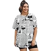 WDIRARA Women's Plus Size Newspaper Print Round Neck Half Sleeve T Shirt Tee Tops