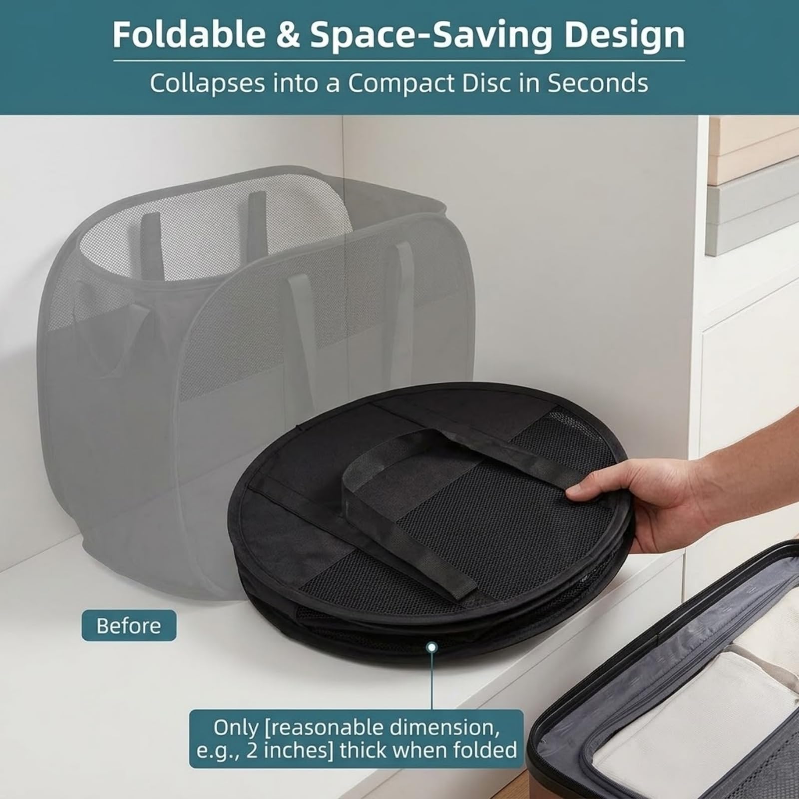 2er-Pack faltbare Pop-Up-Wäschekörbe mit reißfestem Griff platzsparend, stabil, geeignet für Schlafzimmer, Waschküche und Wohnmobilreisen (Schwarz) 8