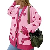Saodimallsu Womens Oversized Heart Cardigan Color Block V Neck Button Long Sleeve Chunky Valentines Sweaters