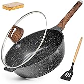 MOJIRE Deep Frying Pan Nonstick with Lid and Spatula, 12 inch / 5.5 Quart Saute Pan, Non Stick Granite Stir-Fry Chef Skillet with Scrub Sponge, Gas Induction Stovetops Compatible