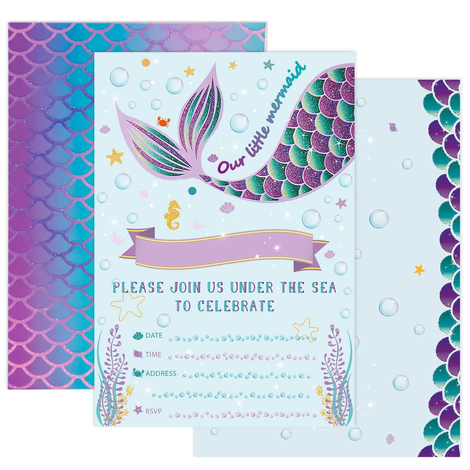 WERNNSAI Mermaid Party Invitations - 20 Set Glitter Mermaid Birthday Party Invitations with Envelopes for Kids Girls Party Invited Cards Mermaid Party Supplies Baby Shower