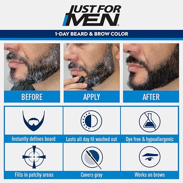 JUST FOR MEN 1-DAY BEARD & BROW COLOR, TEMPORARY COLOR FOR BEARD AND EYEBROWS, FOR A FULLER, WELL-DEFINED LOOK, UP TO 30 APPLICATIONS, DARKEST BROWN/BLACK