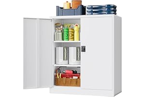 LISSIMO Metal Storage Cabinet，Garage Storage Cabinet with 2 Lockable Doors and 2 Adjustable Shelves, 36'' Steel Tool Cabinet for Garage, Office, Home, School(White)