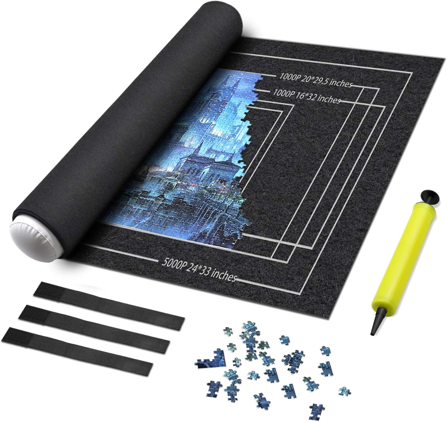 MDrebel Puzzle Roll Up Mat, 46" x 26" Felt Mat for puzzles, Store and Transport Jigsaw Puzzles Up to 1500 Pieces, Thickening version 2mm Puzzle Storage Mat with 1 Inflatable Tube, 1 Pump and 3 Elastic