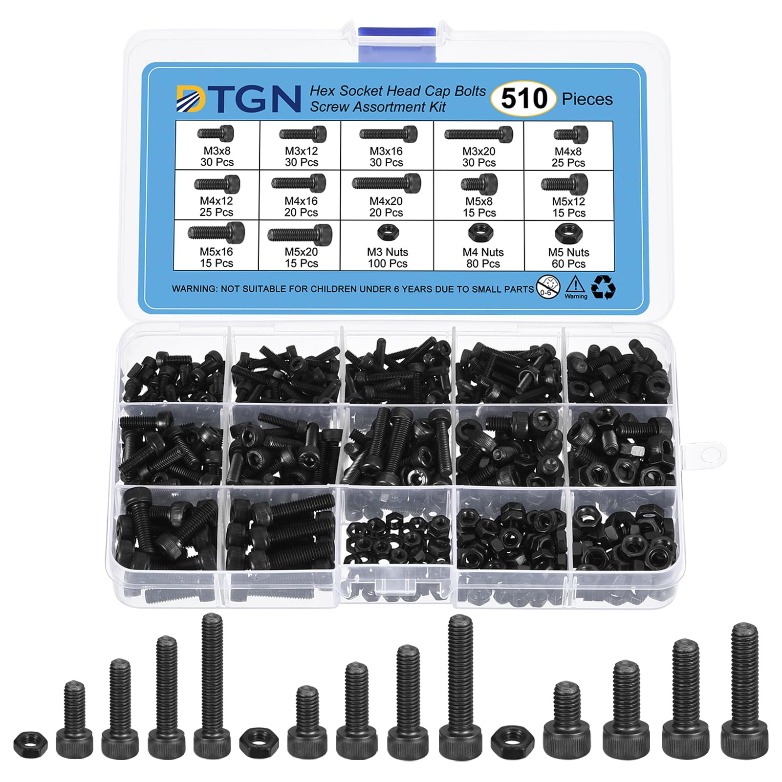 DTGN 510Pcs Metric Screw Assortment, M3/M4/M5 Bolts and Nuts Kit, 12.9 Grade Steel 8/12/16/20mm Hex Socket Head Cap Screws Bolt Set for 3D Printing DIY
