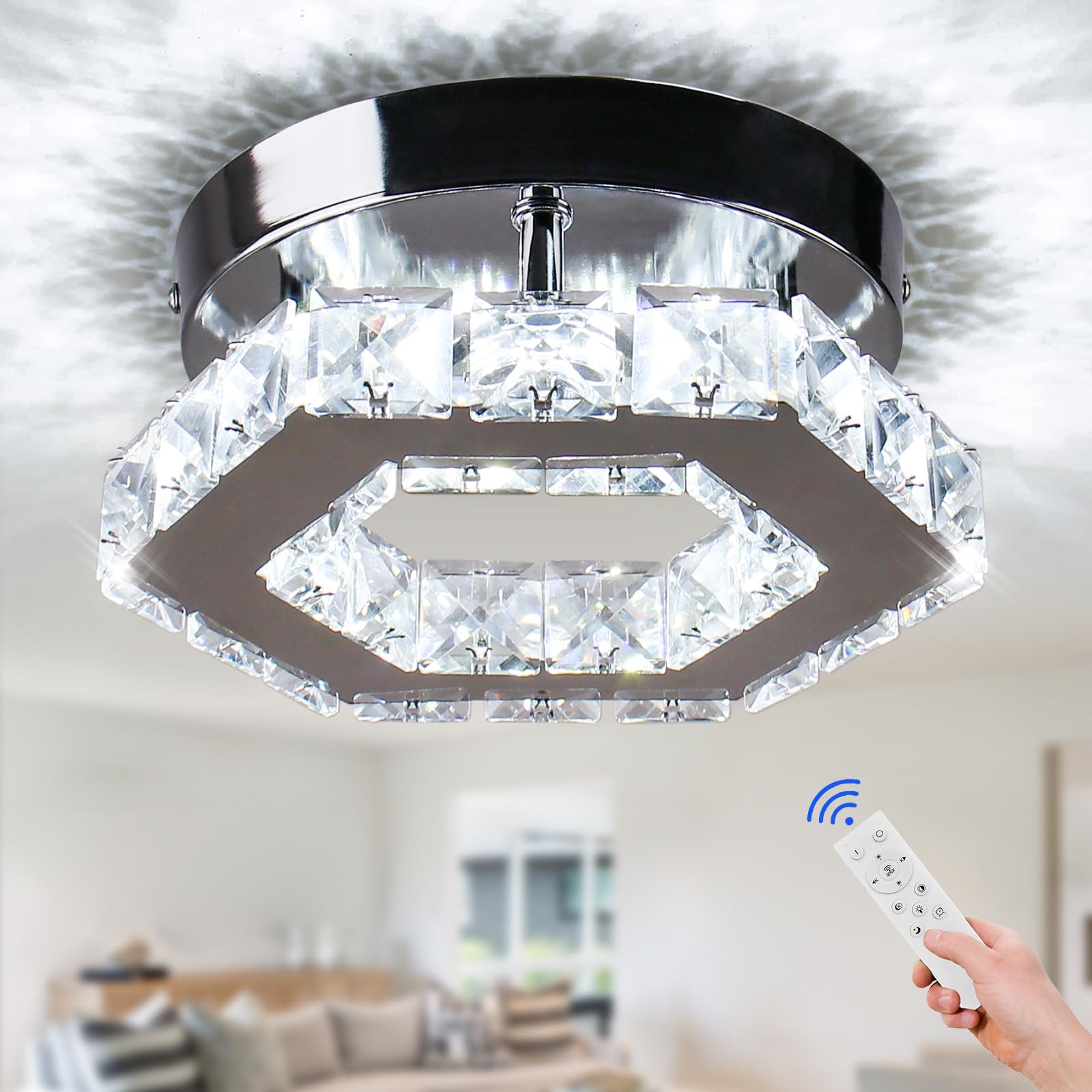 Cainjiazh Dimmable Crystal Chandelier Mini LED Flush Mount Ceiling Light Fixture Modern Chandelier Lighting Lamp for Bedrooms Hallway Living Room Dining Room Kitchen Bar