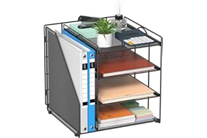 Becomrock Desk Organizer, 4-Tier Metal Paper Organizer for Desk with Vertical File Holder, Office Accessories and Desktop Storage for Office Supplies (Black)